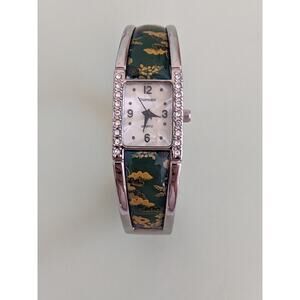 Vintage Domani Silver Tone Bangle Watch Yellow Florals on Green